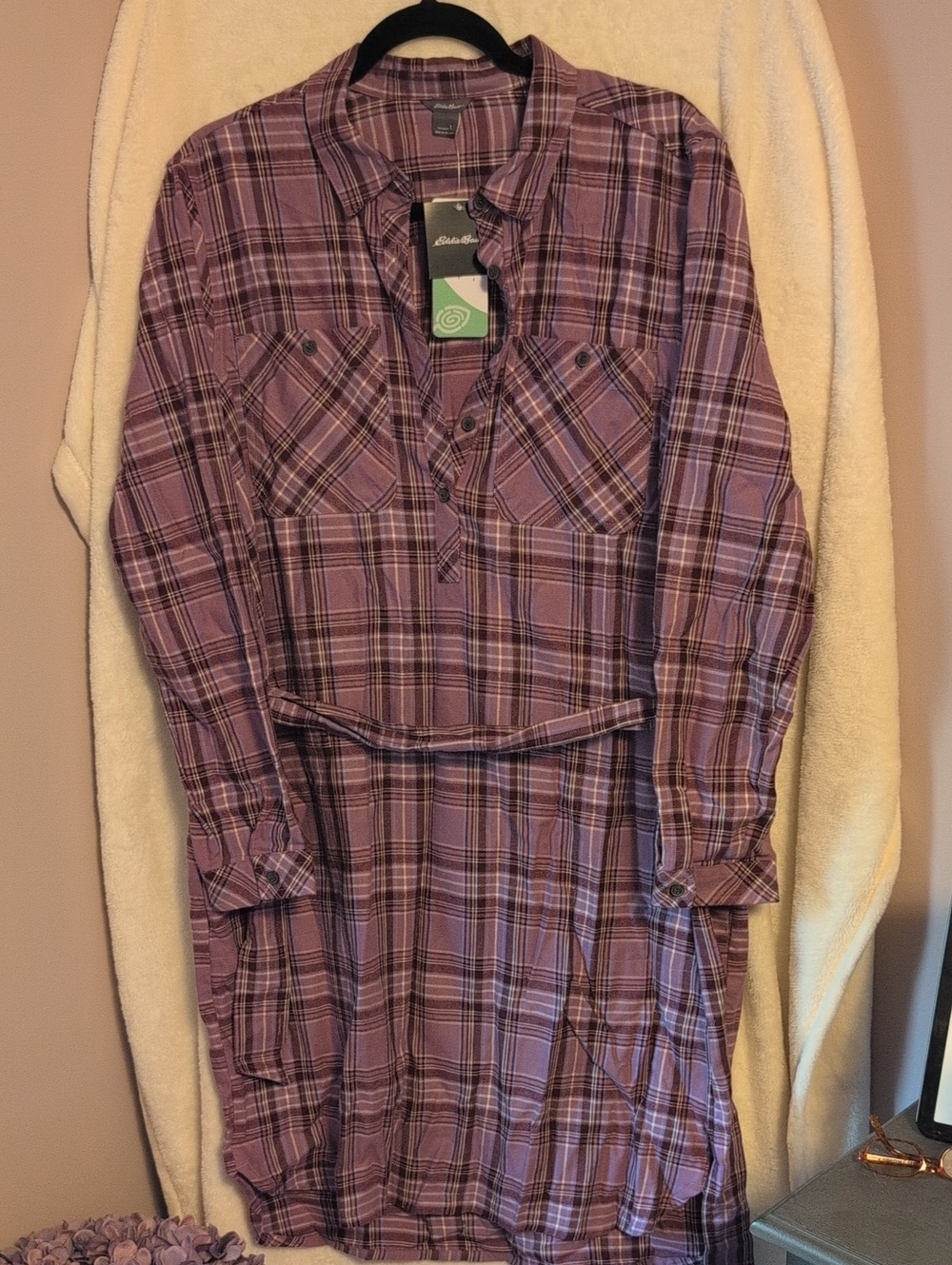 Eddie Bauer Purple Plaid Flannel Shirt Dress with Belt NWT